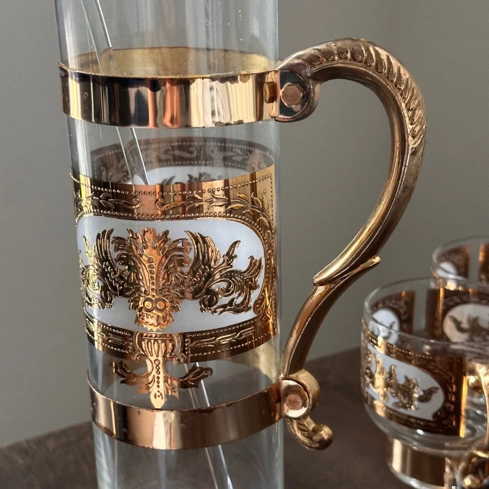 Vintage 22K Gold Filigree Glass Pitcher and 6 Mug Set with Stirrer MCM Barware